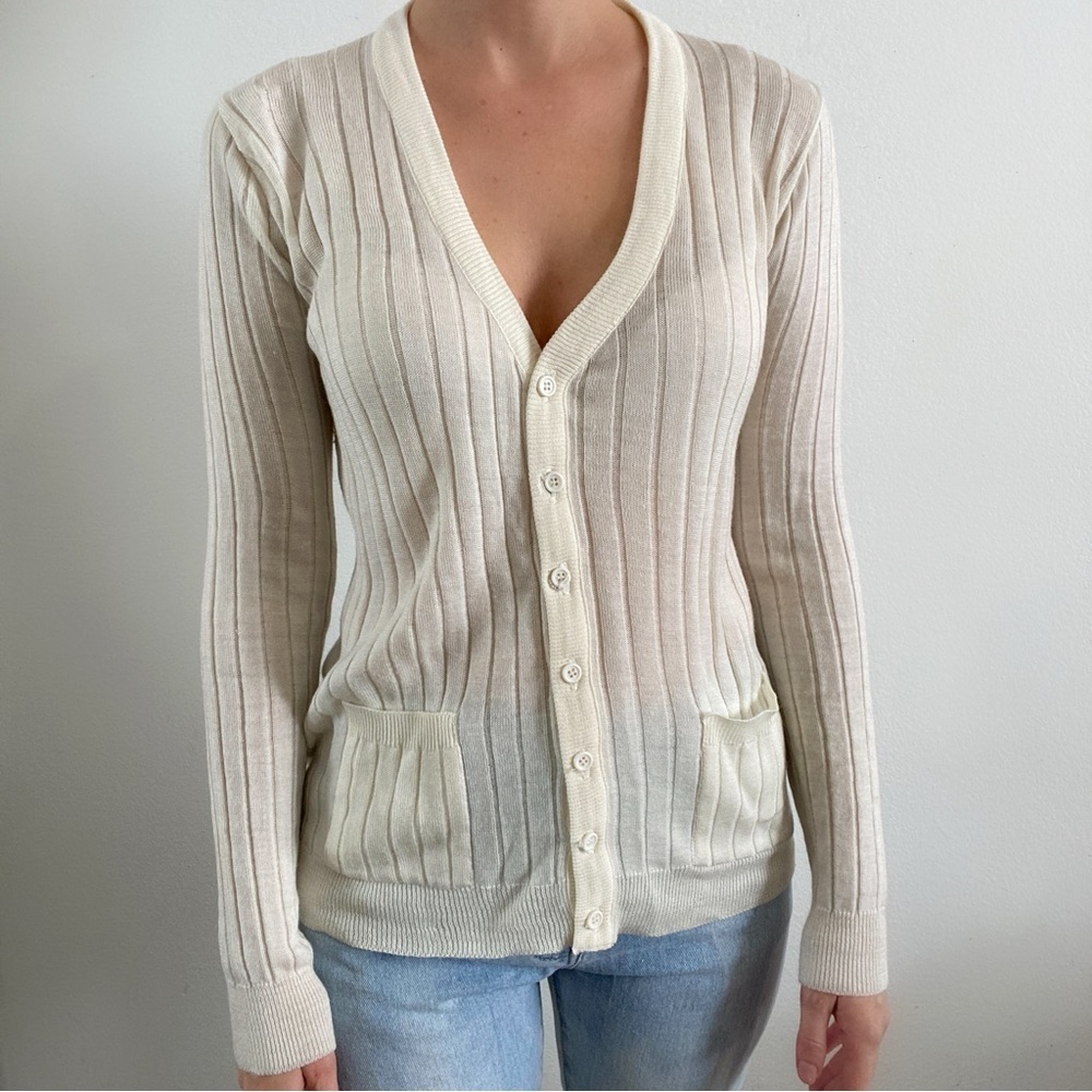 Vintage 60s loomtogs tennis white ribbed cardigan shirt sweater long sleeve